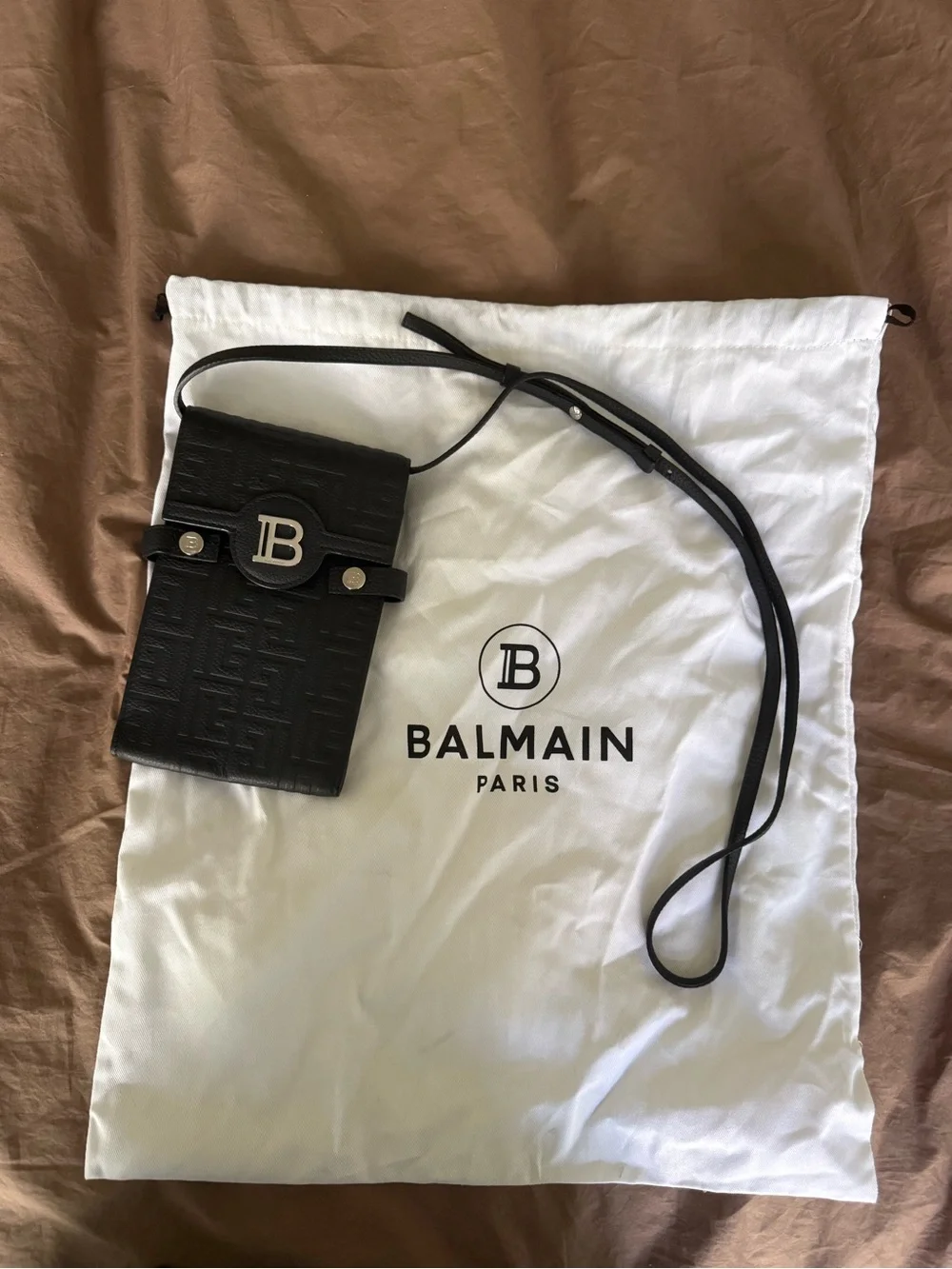 Balmain Black Embossed Leather Crossbody Phone Pouch with 'B' Logo